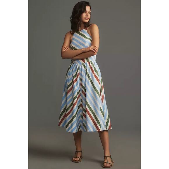 Maeve Anthropologie Multicolor Striped Sleeveless Halter A-Line Midi Dress M - Picture 2 of 13